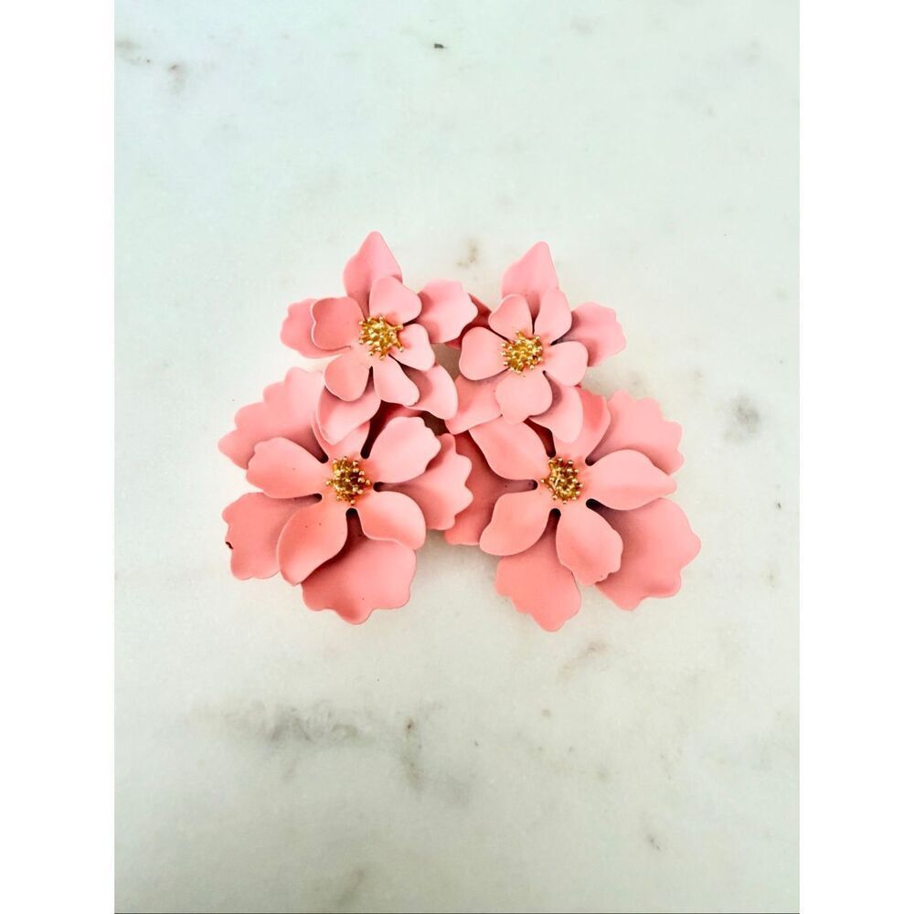 Pink Layered Floral Statement Earrings | Matte Flower Dangle Earrings Gold Cente